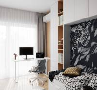 Dětský pokoj ve 4-pokojovém bytě s pracovním koutkem a podlahou s dřevěným dekorem.