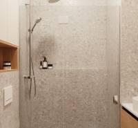 Koupelna 4pokojového bytu s moderním sprchovým koutem a úložnými prostory.