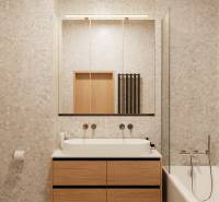 Koupelna ve 4-pokojovém bytě se skříní s dřevěným dekorem a vanou.