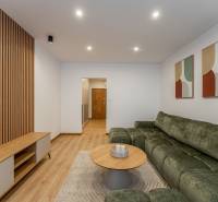 Obývací pokoj v 2pokojovém bytě s pohovkou, stolkem a podlahou s dřevěným dekorem.