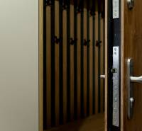 Pohled na otevřené vchodové dveře a věšákovou stěnu s podlahou s dřevěným dekorem.