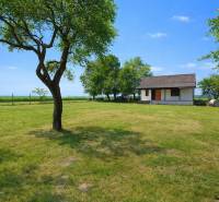 Chata v Obeckově na velké travnaté ploše se stromem a modrou oblohou.