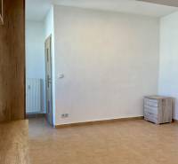 Bílý interiér 1-pokojového bytu s dlažbou a dřevěným dekorem.