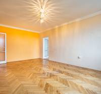 Světlý pokoj s podlahou s dřevěným dekorem v 2pokojovém bytě s barevnými stěnami.