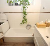 Koupelna v 1-pokojovém bytě s vanou, pračkou a dřevěným dekorem na podlaze.