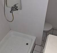 Koupelna v 1-pokojovém bytě s bílým obkladem a sprchovým koutem.