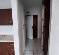 Kuchyně s tmavými skříňkami a bílými obklady v 1-pokojovém bytě.