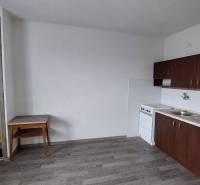 Kuchyně v 1-pokojovém bytě s tmavými skříňkami a podlahou s dřevěným dekorem.