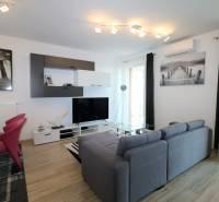 Obývací pokoj v 2-pokojovém bytě s pohovkou, TV, podlahou s dřevěným dekorem.