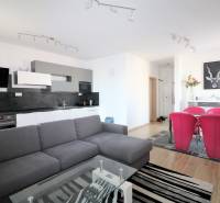 Obývací pokoj s kuchyňským koutem, šedou sedačkou, skleněným stolem a červenými židlemi.