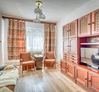 Obývací pokoj s dřevěnou sestavou, gaučem a televizí v rodinném domě.