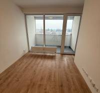 Obývací pokoj v 1-pokojovém bytě s podlahou s dřevěným dekorem a velkými okny.