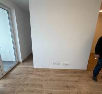 Interiér v 1-pokojovém bytě s podlahou s dřevěným dekorem a balkonem.