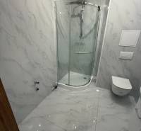 Koupelna s mramorovými obklady a sprchovým koutem v 1-pokojovém bytě.