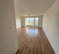 Světlý obývací pokoj s podlahou s dřevěným dekorem v 2pokojovém bytě.