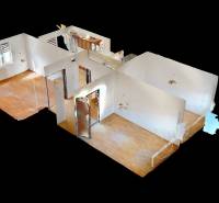 3D vizualizace 3pokojového bytu s podlahou s dřevěným dekorem a bílými stěnami.