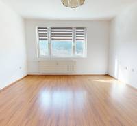 Prázdná místnost s podlahou s dřevěným dekorem ve 3-pokojovém bytě.