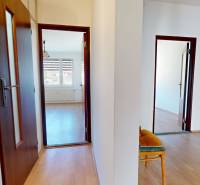 Chodba v 3-pokojovém bytě s podlahou s dřevěným dekorem a několika dveřmi.