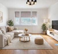 Obývací pokoj v 3-pokojovém bytě s pohovkou a podlahou s dřevěným dekorem.