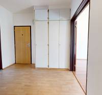 Interiér 3-pokojového bytu s podlahou s dřevěným dekorem a bílými skříněmi.