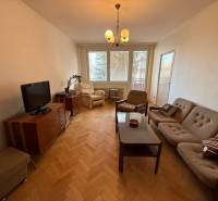 Obývací pokoj v 3-pokojovém bytě s pohovkou, televizorem a podlahou s dřevěným dekorem.