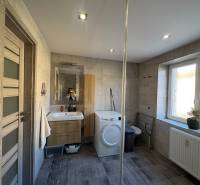 Koupelna v 2-pokojovém bytě s umyvadlem, pračkou a dlažbou v dekoru dřeva.