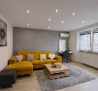 Obývací pokoj v 2-pokojovém bytě s pohovkou, podlaha s dřevěným dekorem, šedý koberec.