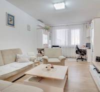 Obývací pokoj v 3-pokojovém bytě s podlahou s dřevěným dekorem a pohodlným sezením.