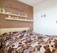 Ložnice v 3pokojovém bytě s dekorovanou stěnou a výrazným povlečením.