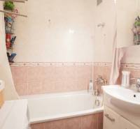 Koupelna s vanou a umyvadlem ve 3-pokojovém bytě, obklady v jemných odstínech.