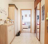 Chodba v 3-pokojovém bytě s dlažbou a útulným nábytkem v dřevěném dekoru.