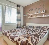 Ložnice ve 3pokojovém bytě s dekorativní stěnou, poličkou a postelí, podlaha s dřevěným dekorem.