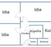 Půdorys 3-pokojového bytu s chodbou, koupelnou, toaletou, kuchyní, komorou, spíží a balkonem.