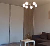 Obývací pokoj s pohovkou, stolkem a podlahou s dřevěným dekorem v 2-pokojovém bytě.