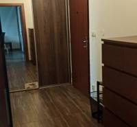 Chodba v 2-pokojovém bytě s podlahou s dřevěným dekorem, vestavěnou skříní a zrcadlovým prvkem.