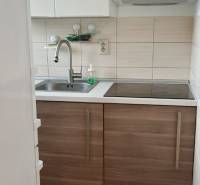 Kuchyně s bílými skříňkami a nerezovým dřezem v 2-pokojovém bytě.