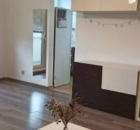 Obývací pokoj v 2pokojovém bytě s podlahou s dřevěným dekorem a vstupem na balkon.