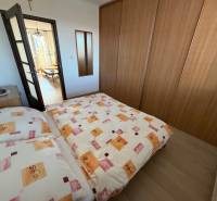 Ložnice v třípokojovém bytě s postelí, vestavěnou skříní a podlahou s dřevěným dekorem.