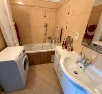 Koupelna se sprchou a vanou v 3-pokojovém bytě, s pračkou a umyvadlem.