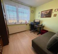 Pokoj s podlahou s dřevěným dekorem v 3-pokojovém bytě, vybavený gaučem a pracovním stolem.