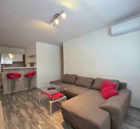 Obývací pokoj dvoupokojového bytu s tmavým nábytkem a podlahou s dřevěným dekorem.