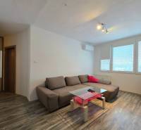 Obývací pokoj s hnědou sedačkou, skleněným stolkem, podlahou s dřevěným dekorem ve 2-pokojovém bytě.