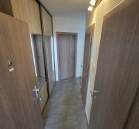Chodba v 2-pokojovém bytě s dlažbou a vestavěnou skříní se zrcadlovými dveřmi.