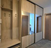 Skříň se zrcadlem a věšáky v předsíni 2pokojového bytu s podlahou s dřevěným dekorem.