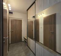 Chodba v 2-pokojovém bytě s velkou zrcadlovou skříní a hnědými dveřmi.