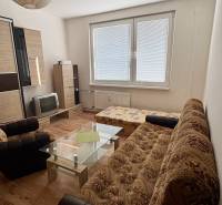 Garsonka s podlahou s dřevěným dekorem, pohovkou a skleněným stolkem.