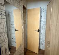 Garsonka se stěnami s cestovatelským motivem a podlahou s dřevěným dekorem.