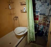 Koupelna s vanou a zeleným závěsem v garsonce.