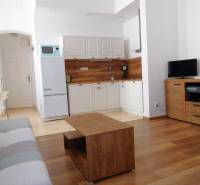 Obývací pokoj s kuchyňským koutem v 2pokojovém bytě s podlahou s dřevěným dekorem.