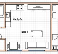 Půdorys 2-pokojového bytu s kuchyní, koupelnou a WC.